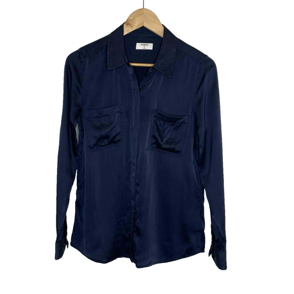 Women's 4 Untuckit Carlina Silk Blend Navy Blue Button Down Shirt